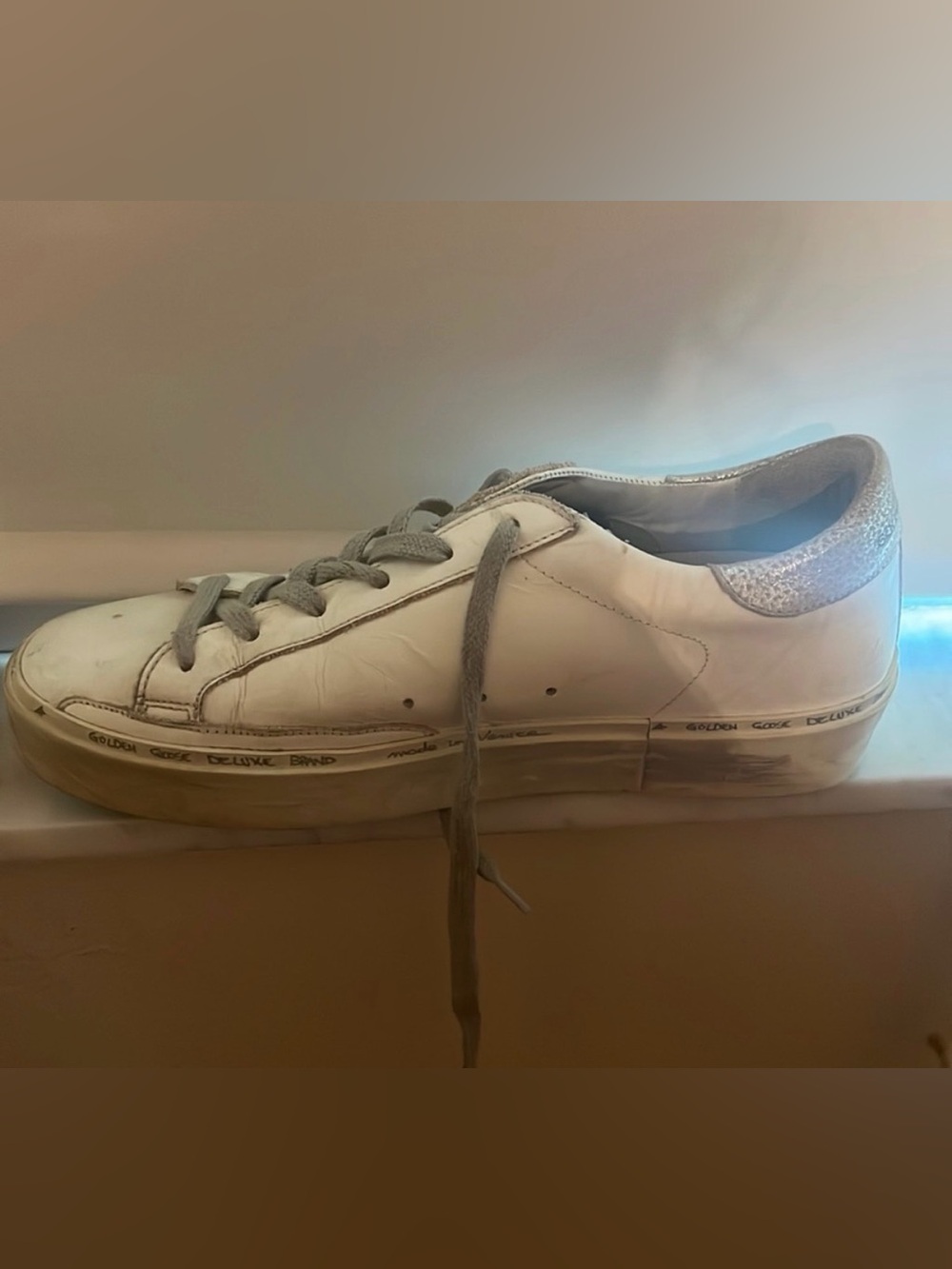 Golden Goose White Leather Hi Star Platform Sneakers with Silver Star Size 39 - Picture 2 of 5